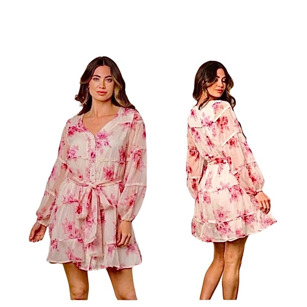 Long Sleeve Button-Up Tiered Floral Flowery Mini Dress, Floral, Size S, NWT - Picture 1 of 9